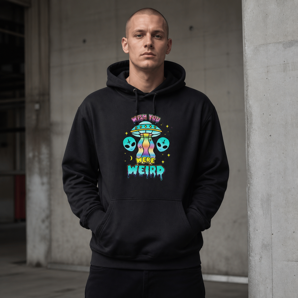 Wish Alien Hoodie Herren-Modell Frontansicht – KI-generierte Darstellung