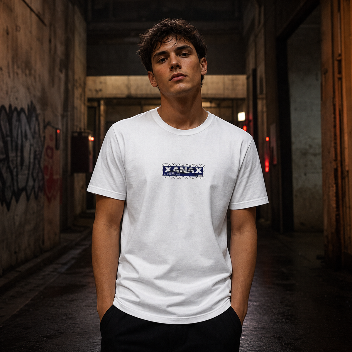 Xanax Alprazolam Tshirt am männlichen Model, Frontprint – KI-generierte Darstellung