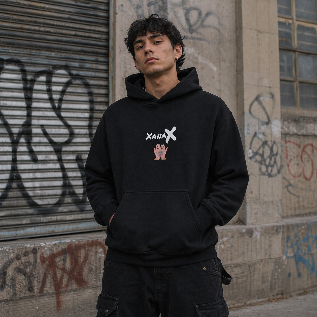 Xanax Graphic Hoodie am männlichen Model mit Frontprint vor Berliner Graffiti-Wand – KI-generierte Darstellung