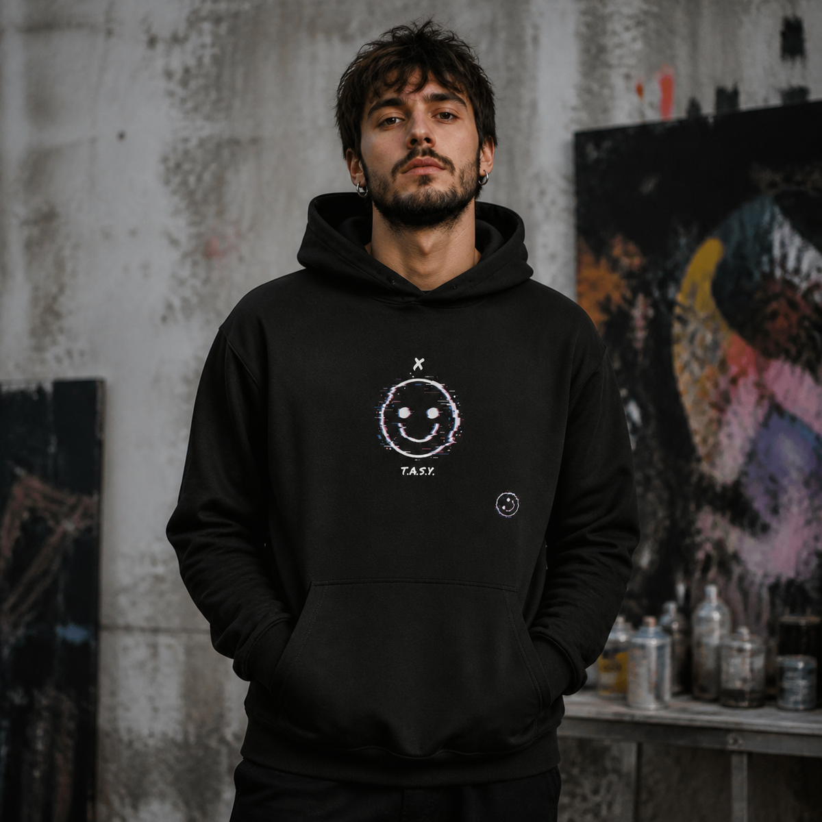 Xtasy Graphic Hoodie Herren Modell Frontansicht – KI-generierte Darstellung
