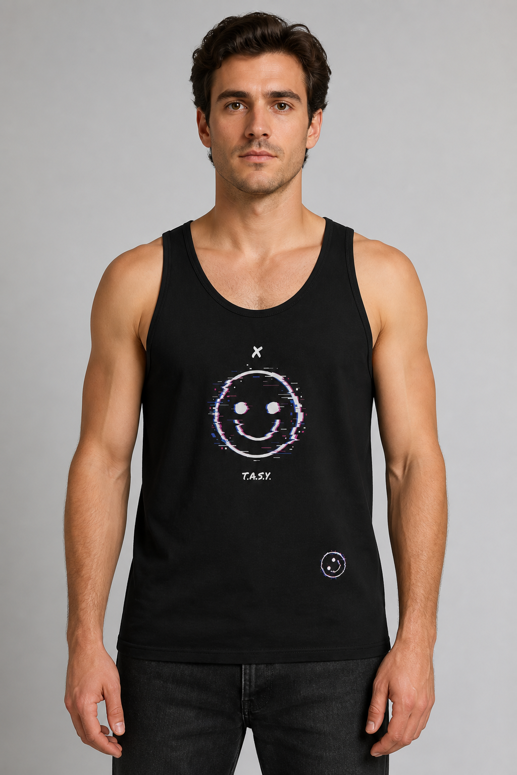 Xtasy Tank Top von NiZED am männlichen Modell, Vorderansicht – KI-generierte Darstellung
