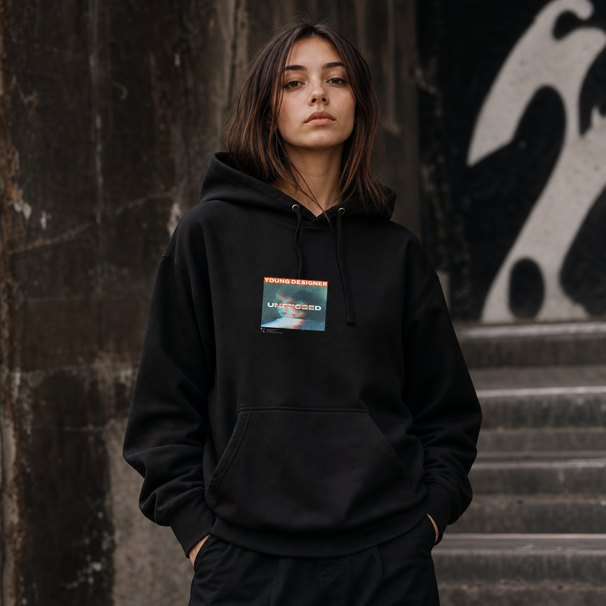 Young Designer Hoodie Damen-Modell Frontansicht – KI-generierte Darstellung