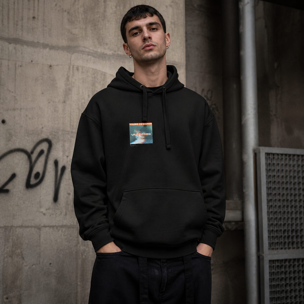 Young Designer Hoodie Herren-Modell Frontansicht – KI-generierte Darstellung