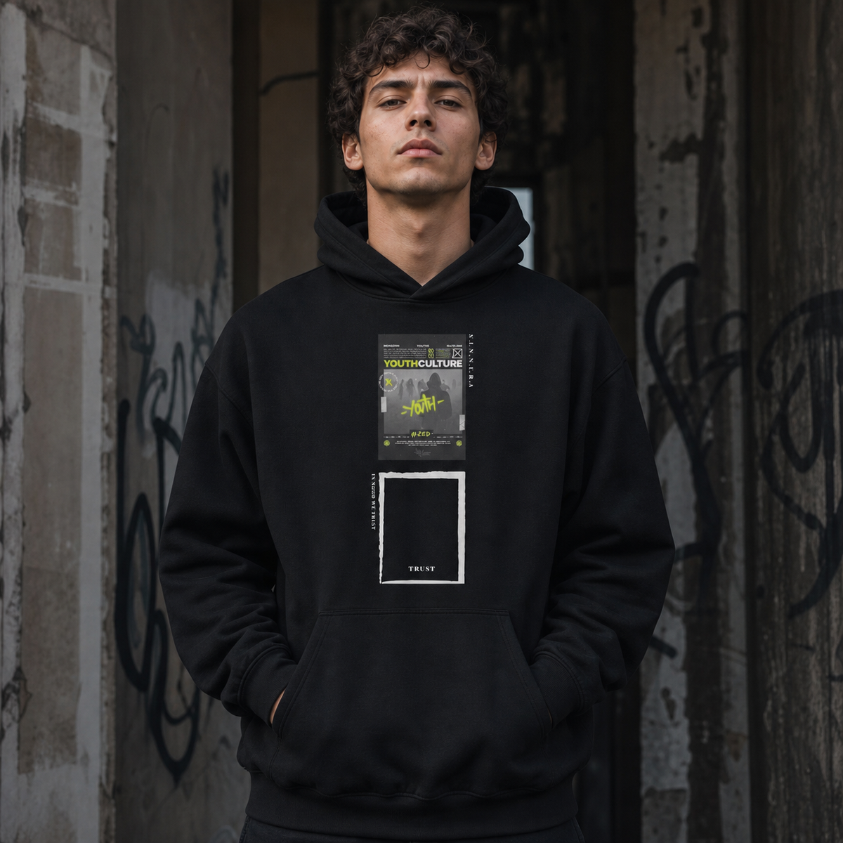 Youth Culture Hoodie Herren-Modell Frontansicht – KI-generierte Darstellung